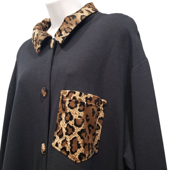 VTG 90s Fashion Bug 22/24W Ribbed Cardigan Shacket Animal Print Trim Black NEW - Picture 3 of 12
